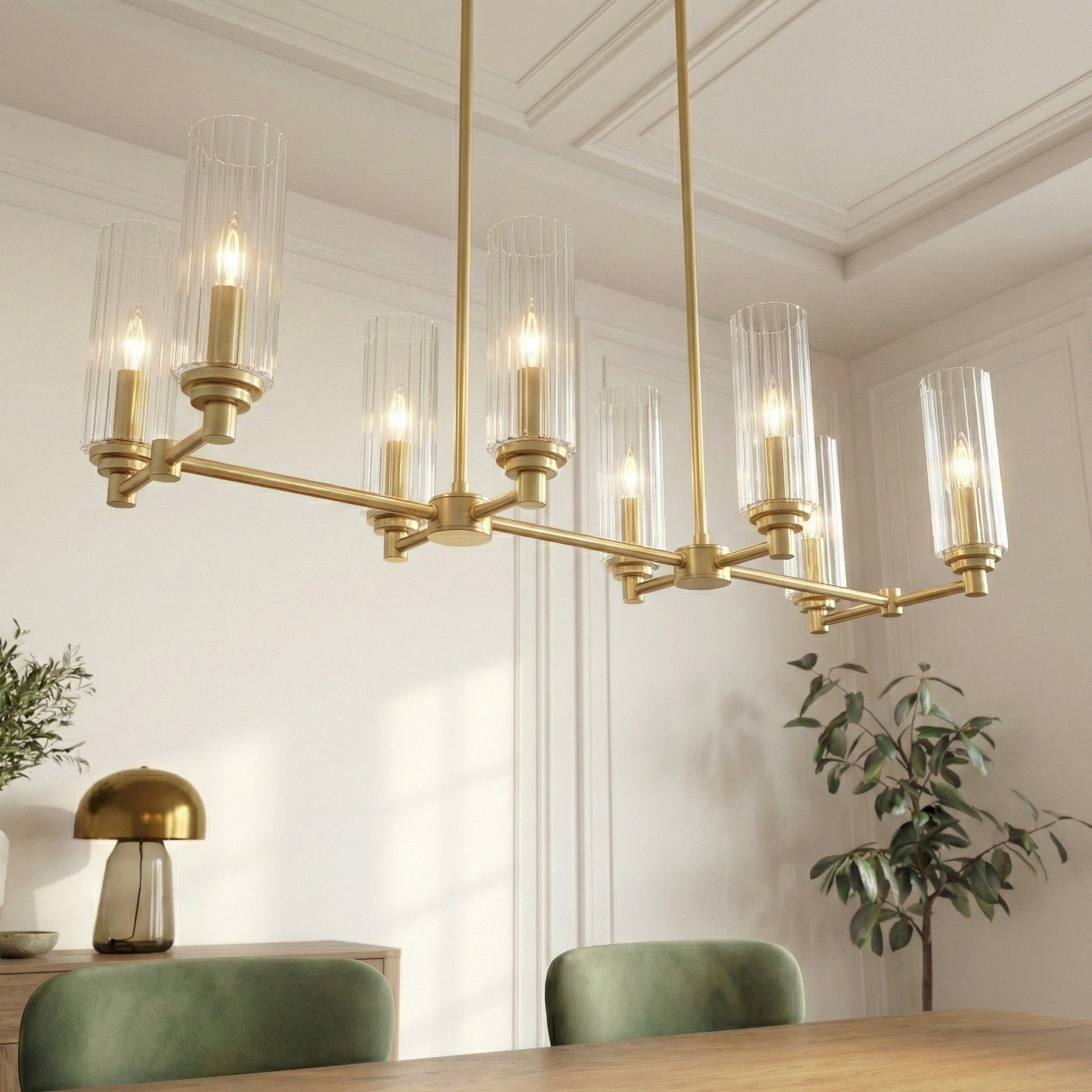 Willow Eight Lights Island Pendant | Satin Brass and Clear Ribbed Glass