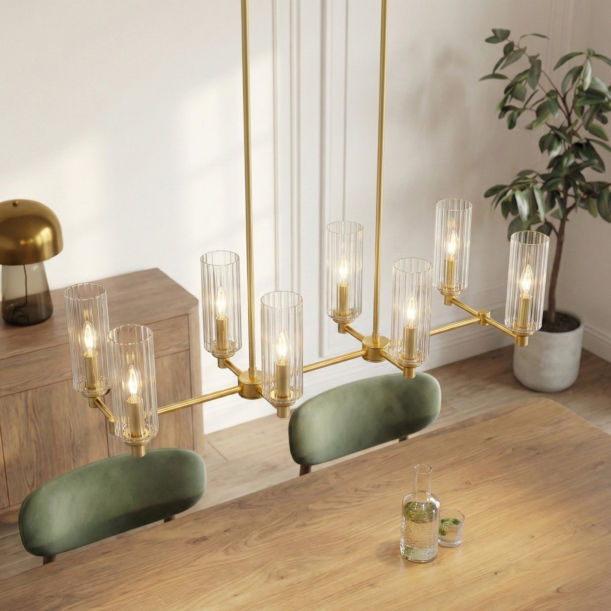 Willow Eight Lights Island Pendant | Satin Brass and Clear Ribbed Glass