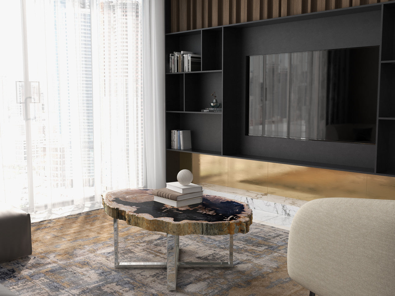 Relique - Eliza Coffee Table - Polished Stainless Steel Base - Natural Dark Top