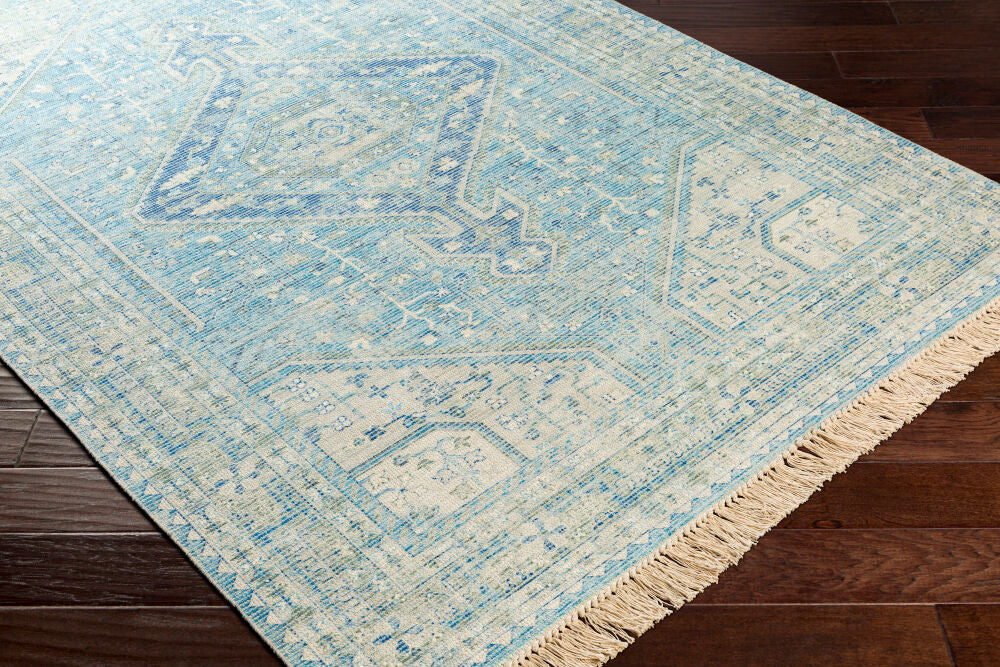 Zainab Aqua/White Handmade Rug - corner