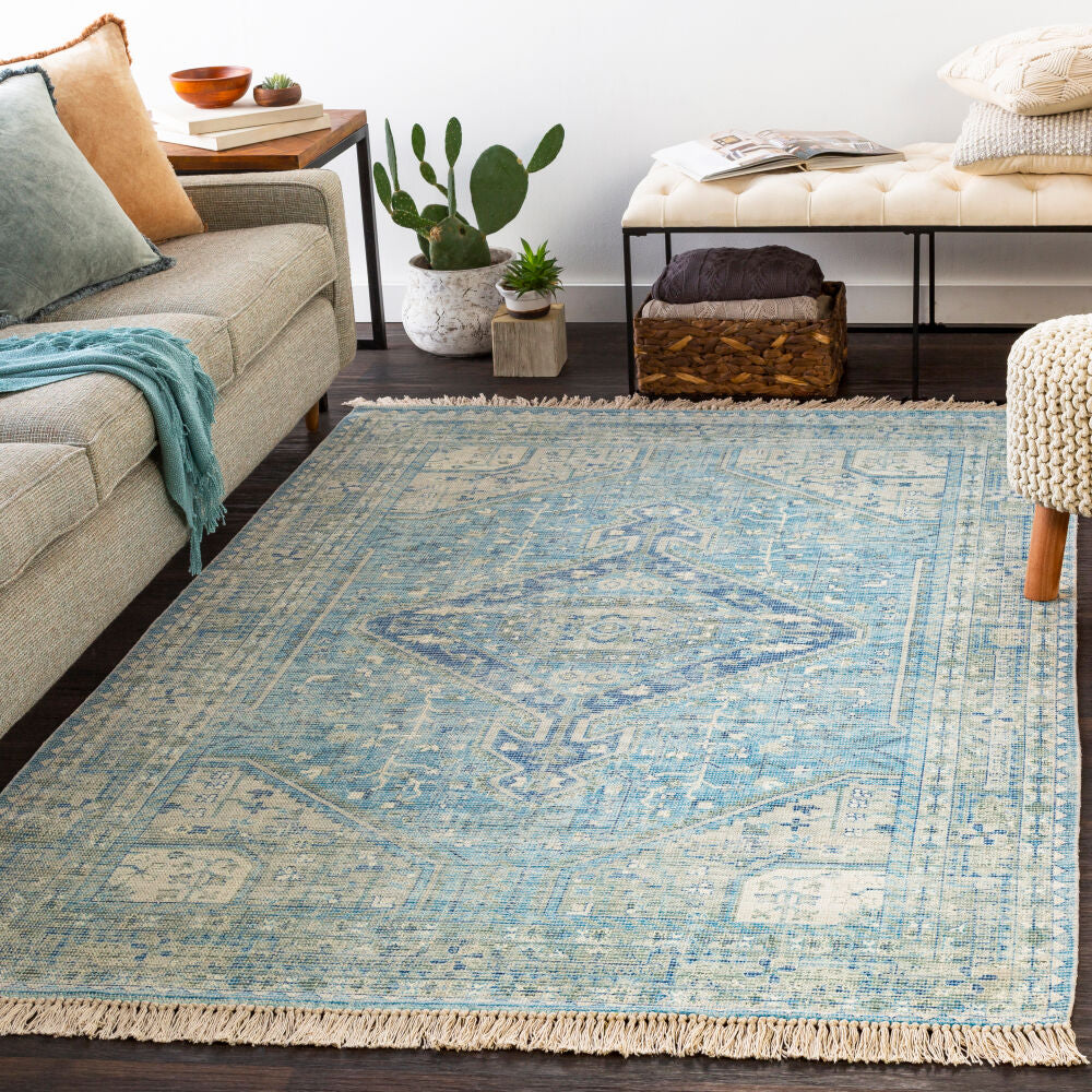 Zainab Aqua/White Handmade Rug - roomscene