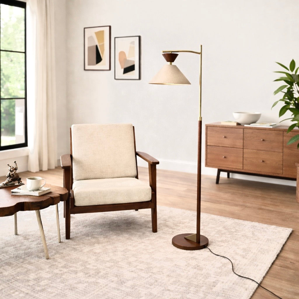 Zensa Floor Lamp | Mid-Century Brown Wood and Brushed Gold
