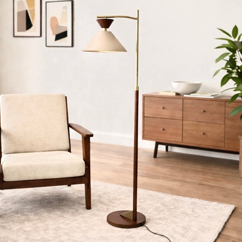 Zensa Floor Lamp | Mid-Century Brown Wood and Brushed Gold