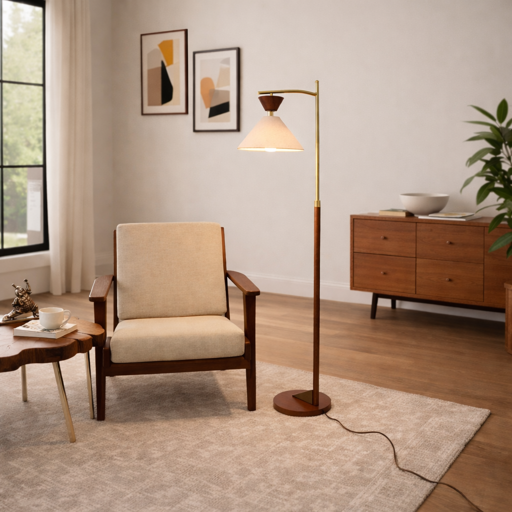Zensa Floor Lamp | Mid-Century Brown Wood and Brushed Gold