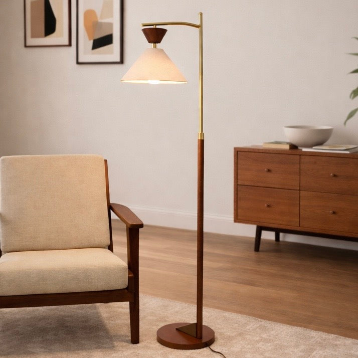 Zensa Floor Lamp | Mid-Century Brown Wood and Brushed Gold