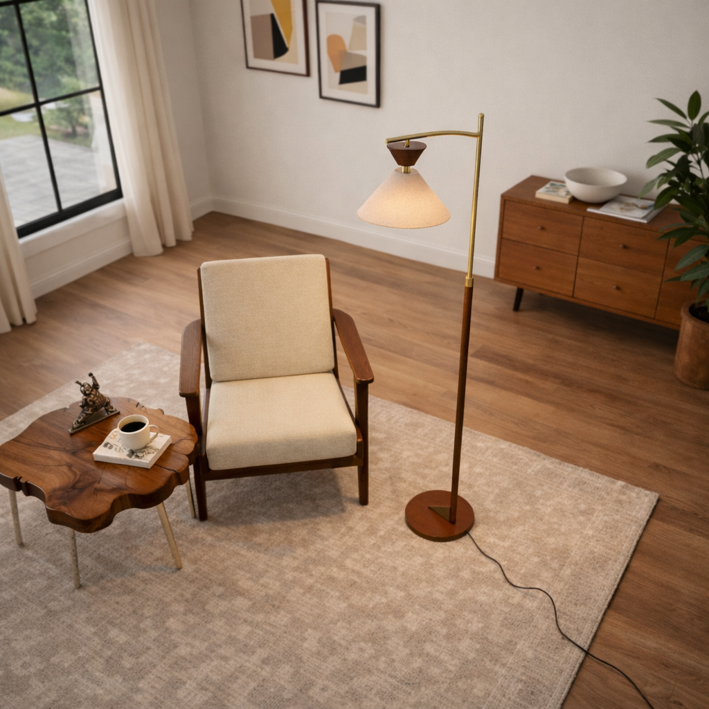 Zensa Floor Lamp | Mid-Century Brown Wood and Brushed Gold