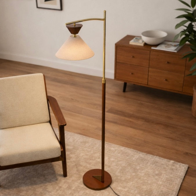 Zensa Floor Lamp | Mid-Century Brown Wood and Brushed Gold