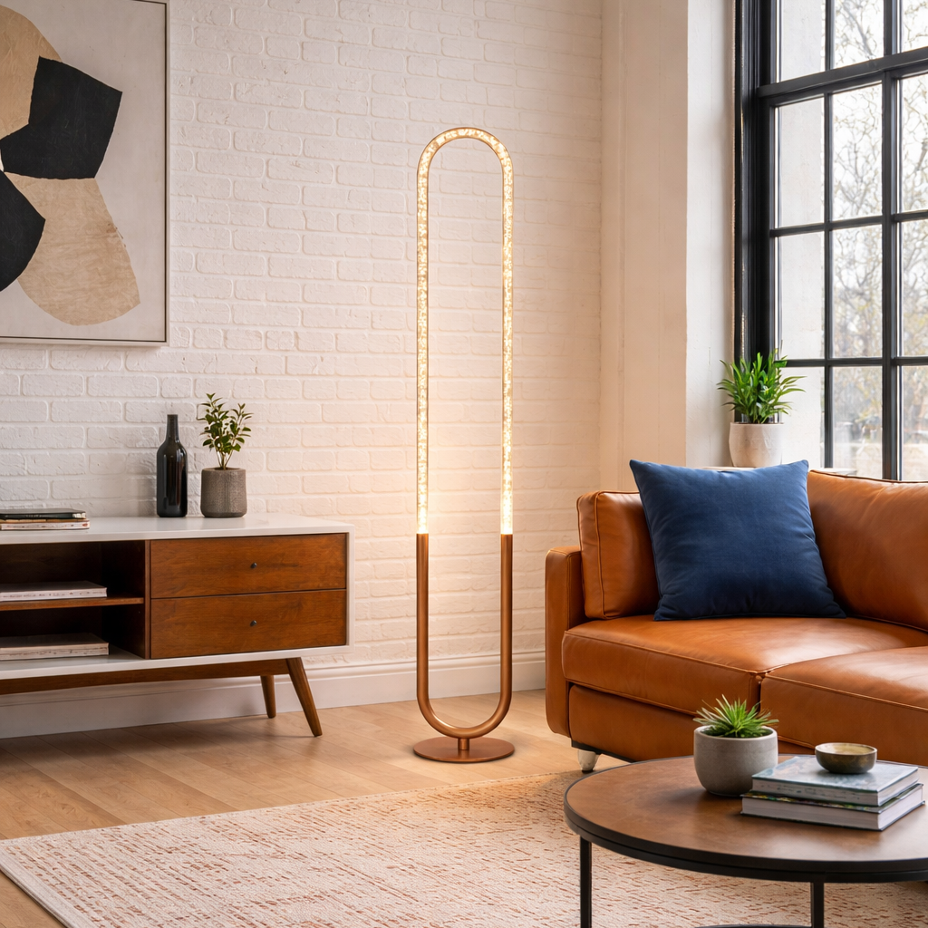 Zeon LED Floor Lamp | Coarse Gold and Integrated Loop Design