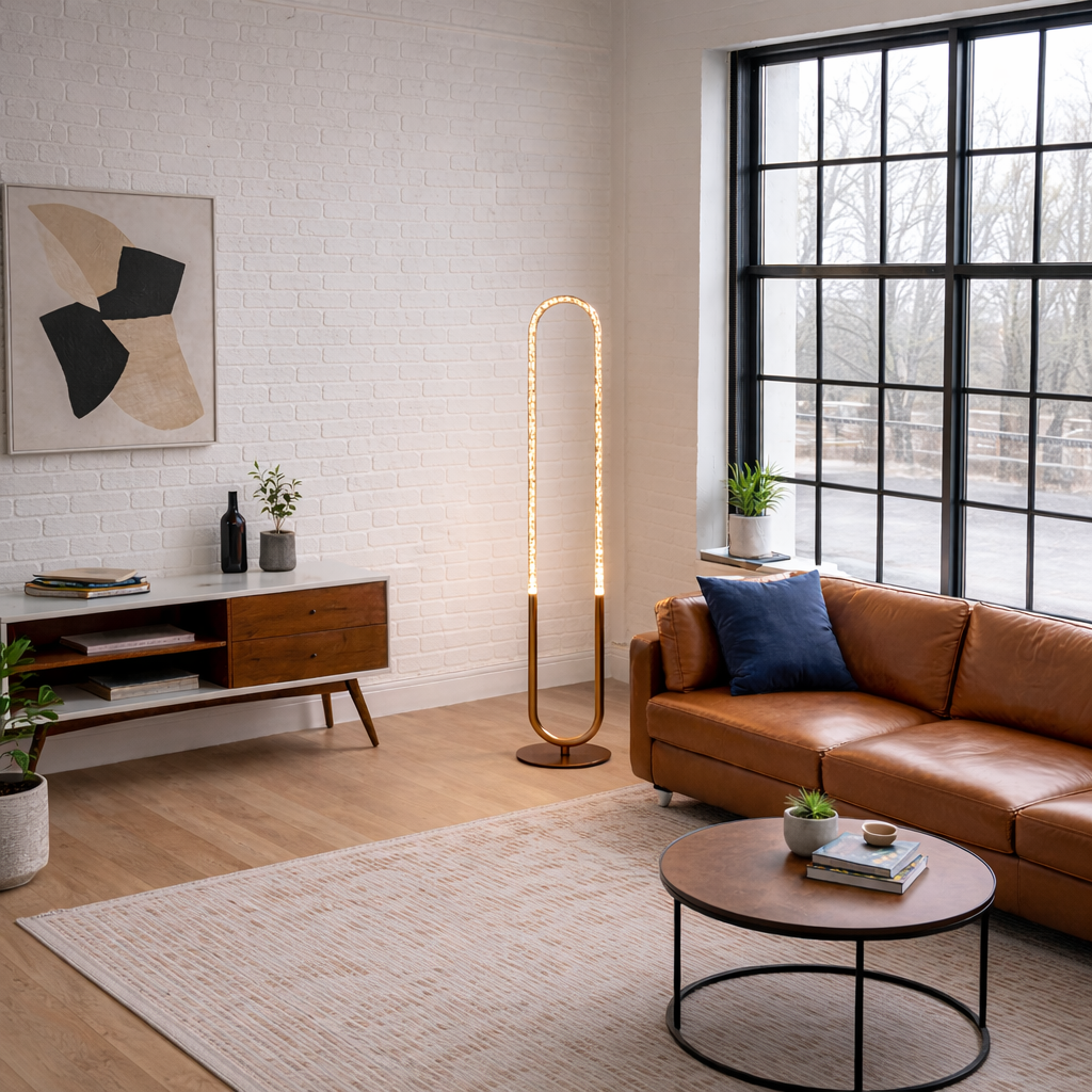 Zeon LED Floor Lamp | Coarse Gold and Integrated Loop Design