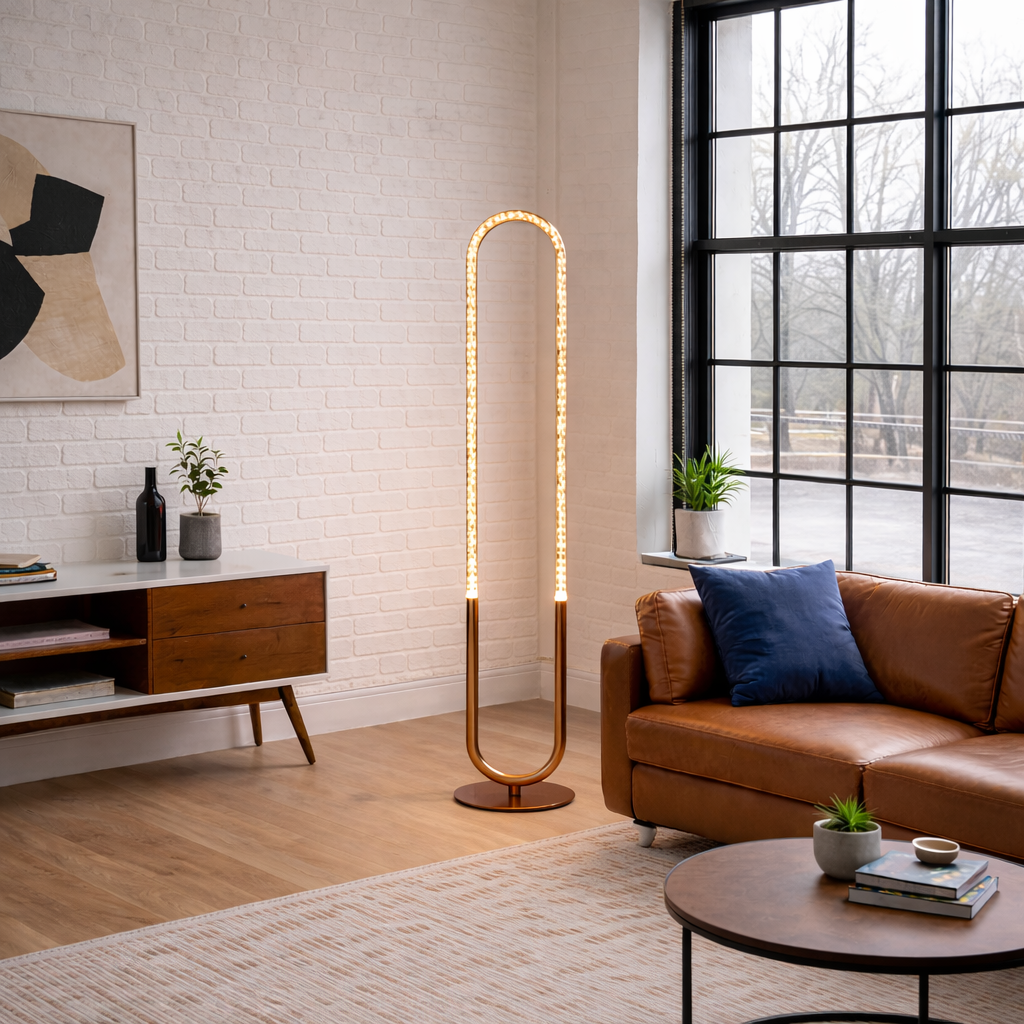 Zeon LED Floor Lamp | Coarse Gold and Integrated Loop Design