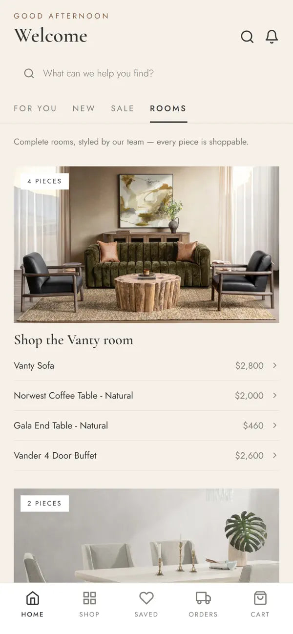 Zin Home iPhone app showing a styled living room and its shoppable furniture